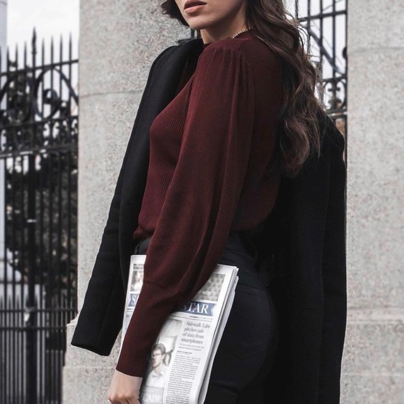 ZARA Knit Ribbed Crew Neck Shirt with Balloon Sleeves (lightly worn) - Picture 2 of 5